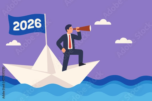 Fototapeta new plan or business strategy in 2026, businessman sailing on a paper boat with 2026 waving flag while scouting for business opportunities using telescope, business opportunities, happy new year 2026