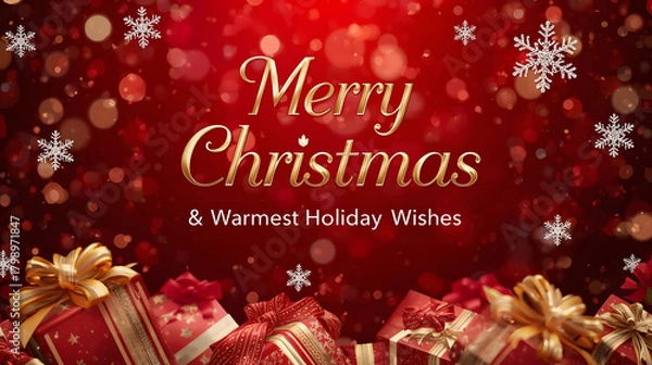 Obraz Christmas background image 2026 with deep red glitter background, golden bokeh lights, abundant wrapped gifts, and warm festive greeting text.

