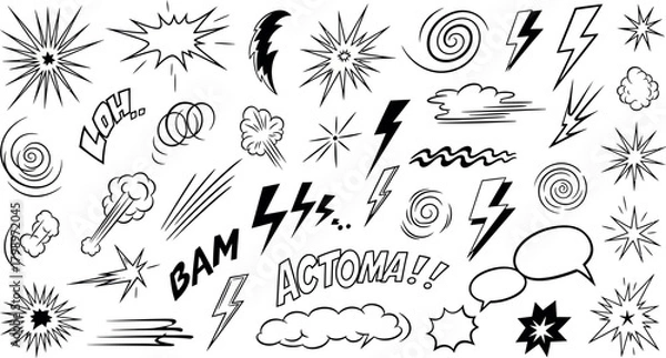 Fototapeta Vector Illustration of Dynamic Comic Book Action Elements Set: Explosions, Speech Bubbles, Sound Effects, and Speed Lines