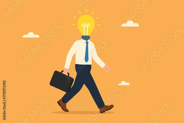 Fototapeta get new business idea or opportunity, intelligence or wisdom to drive career success, creativity or brilliant idea for business success, smart businessman jump with light bulb idea head illustration