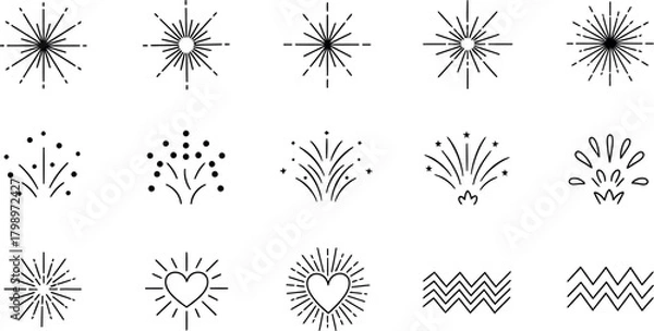 Fototapeta Vector Illustration of Playful Hand Drawn Sparkle, Starburst, Heart, and Zigzag Doodle Design Elements Set