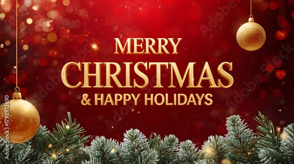 Obraz Christmas background image 2026 with vibrant red bokeh, evergreen border, gold baubles, sparkling lights, and bold holiday greeting text.
