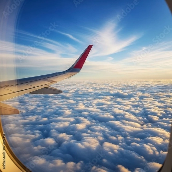 Fototapeta Airplane wing, fluffy clouds, golden hour sky, aerial plane view