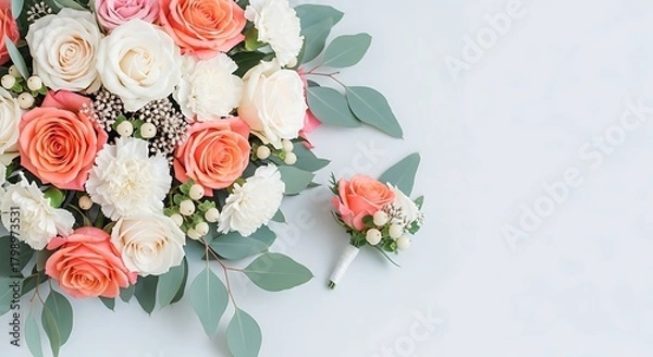 Fototapeta Elegant wedding bouquet of roses, carnations, and eucalyptus isolated on white background, complemented by a matching boutonniere