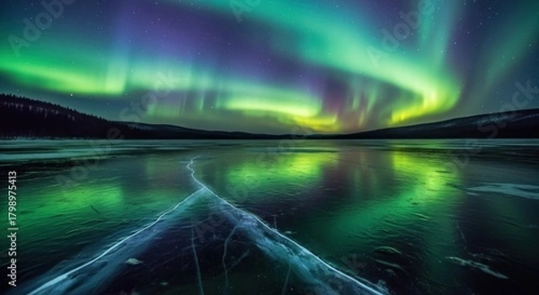 Obraz Night sky ablaze with vibrant aurora borealis over a frozen lake and surrounding landscape