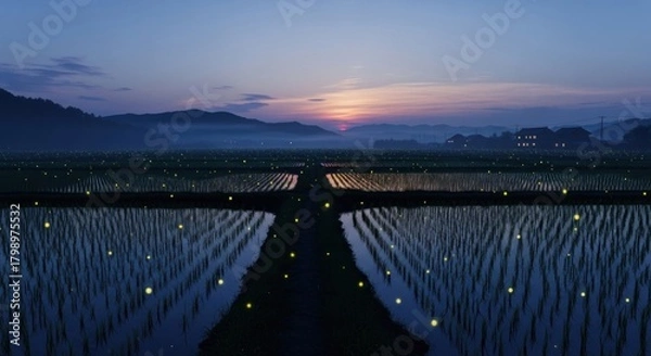 Obraz Nocturnal scene of a rice paddy at twilight with fireflies, hills, and a fading sunset
