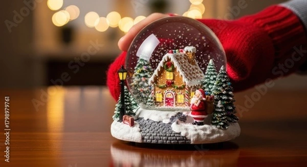 Obraz A hand holding a snow globe with a gingerbread house inside, decorated with lights and a Santa Claus figure, on a wooden table with a blurred background of lights and a Christmas tree.