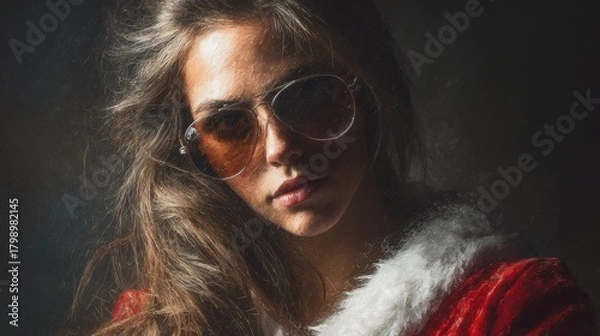 Fototapeta attractive cool female santa claus with sunglasses portrait she has long hairs and red and white heat generative ai