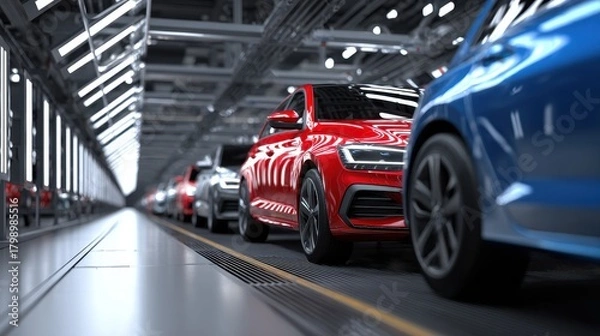 Fototapeta New cars being assembled in a modern factory with advanced technology and automated systems