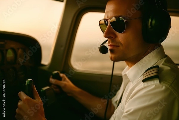 Fototapeta A man in a pilot's uniform is sitting in the cockpit of a small plane