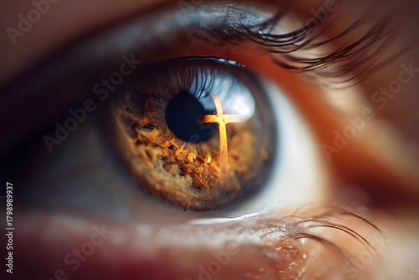 Fototapeta Macro shot of human eye reflecting a glowing cross symbolizing inner faith and beliefs. Spiritual concept.