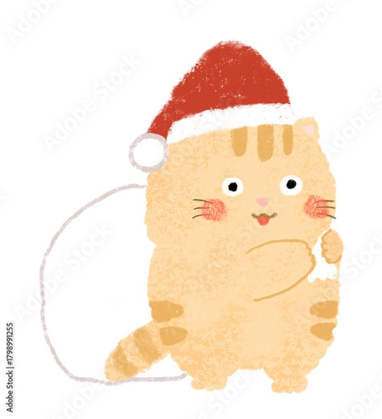 Obraz サンタの帽子をかぶった猫　クレヨンタッチ