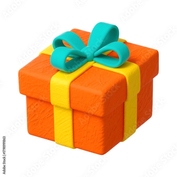 Fototapeta Bright Orange Clay Gift Box with Yellow Ribbon and Teal Bow
