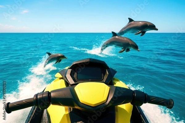 Fototapeta A yellow jet ski is in the water with dolphins jumping out of the water