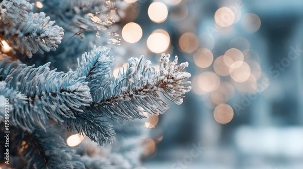 Fototapeta christmas white decoration and spruce tree close up bokeh lights background merry christmas and happy holidays greeting card frame banner new year noel winter festive xmas theme