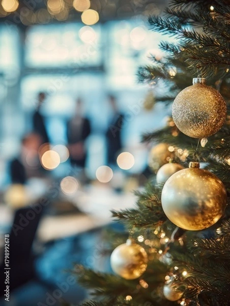 Fototapeta close up of decorated christmas tree in office with business people working in background xmas celebration in corporate office detail of christmas balls and lights with working office no logos no bra