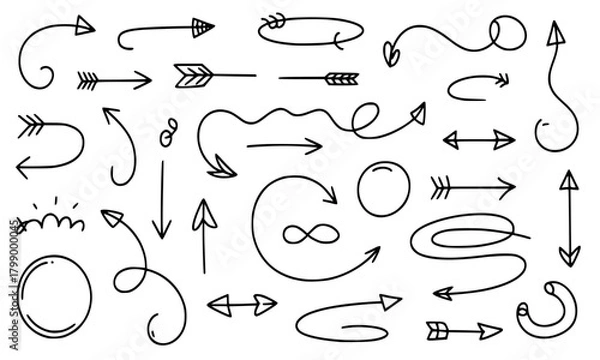 Fototapeta Hand Drawn Arrow Doodle Set, Sketchy Marker Arrows, Pointer, Scribble, Annotation, and Directional Design Elements Vector Collection