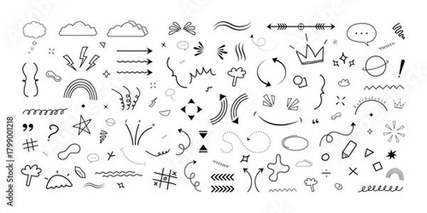 Fototapeta Hand drawn brush sketch design set, doodle elements collection template