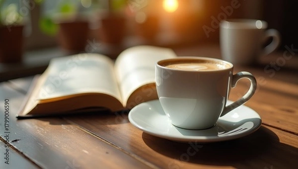 Obraz a warm and inviting coffee cup placed beside an open book on a rustic wooden table