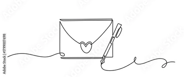 Obraz One Line Drawing of Love Letter Envelope with Pen. Romantic Minimal Art
