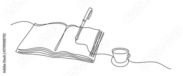 Obraz One Line Drawing of Open Book, Pen and Coffee Cup. Writing and Creativity Concept