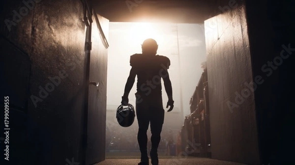 Fototapeta Football player prepares to enter the field during sunset for an exciting game in a lively stadium