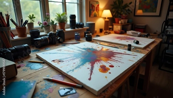 Obraz an authentic messy creative desk