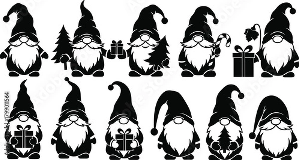 Obraz Christmas gnome silhouette collection with gifts, trees, candy canes and festive holiday elements in adorable decorative winter vector set