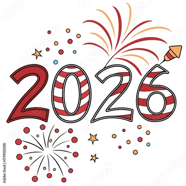 Fototapeta Celebrate the new year 2026 with colorful fireworks, a fun and festive design isolated on, perfect for greeting cards, invitations, and party decorations