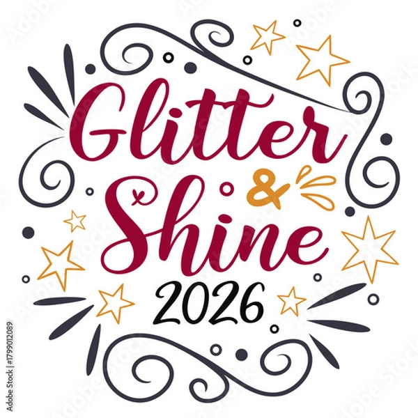 Fototapeta Glitter and shine 2026 with stars and swirls isolated on elegant design for new years eve or any celebration, adding sparkle and joy to the event