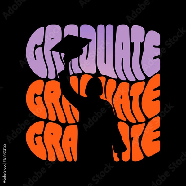 Fototapeta A retrostyle silhouette of a graduate raising their cap, set against a groovy background of the word graduate, evoking a sense of nostalgia and accomplishment