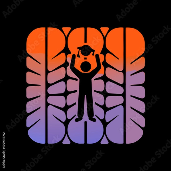 Fototapeta A symbolic graduation icon with a graduate holding a cap, surrounded by abstract foliage, representing academic achievement and the celebration of educational success