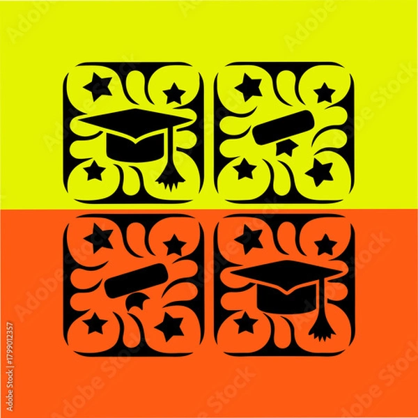 Fototapeta A vibrant and celebratory graduation design featuring stylized graduation caps, diplomas, stars, and decorative swirls, perfect for invitations and announcements