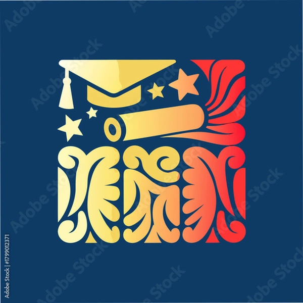 Fototapeta A vibrant graduation design featuring a graduation cap, diploma, stars, and decorative swirls, perfect for celebrating academic achievements and new beginnings
