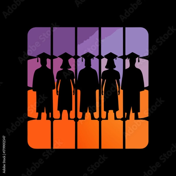 Fototapeta A group of graduates in silhouette stand in a row, wearing graduation caps and gowns, against a background of purple and orange squares, symbolizing achievement