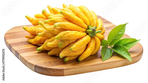 Obraz Buddha's hand citron fruit with green leaves on a wood board