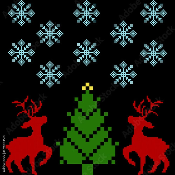 Obraz A festive pixel art scene featuring two red reindeer, a green Christmas tree, and snowflakes against a black background.
