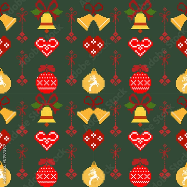 Fototapeta A festive pattern featuring Christmas bells, hearts, ornaments, and ribbons in vibrant colors against a dark green background.