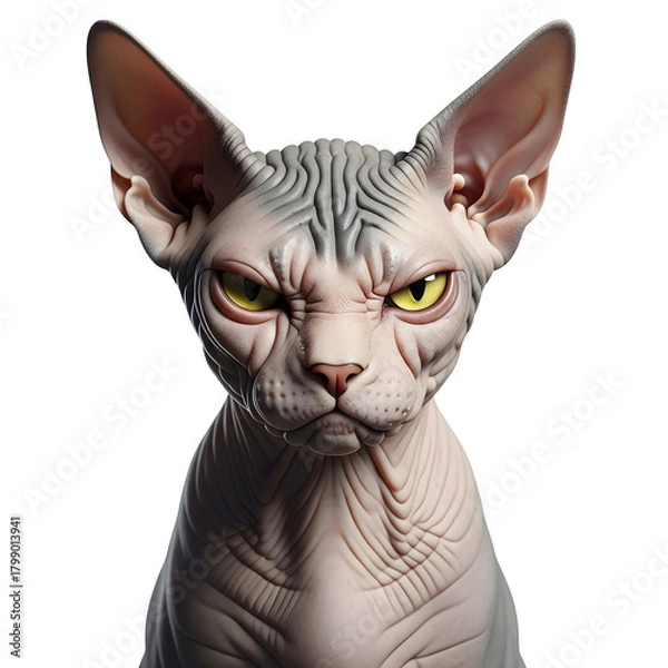 Fototapeta Hairless sphynx cat portrait, intense yellow eyes and wrinkled face isolated on transparent background