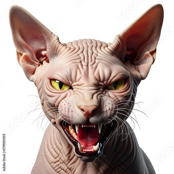Fototapeta Aggressive sphynx cat close-up with bared teeth and intense eyes isolated on transparent background