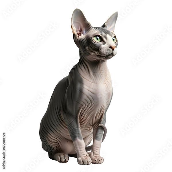 Fototapeta Hairless sphynx cat with vivid green eyes sitting on transparent isolated on transparent background