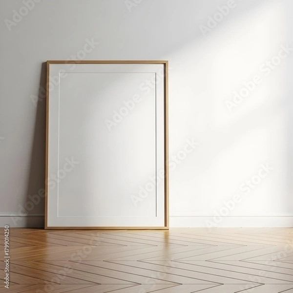 Fototapeta Blank wooden frame leaning against white wall on chevron floor