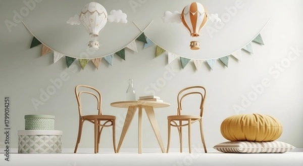 Fototapeta Whimsical child's room design with hot air balloons and bunting