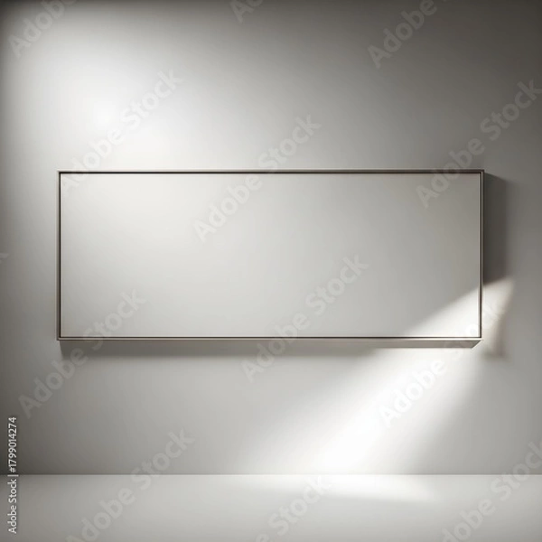 Fototapeta Empty minimalist white framed screen on gray wall with light