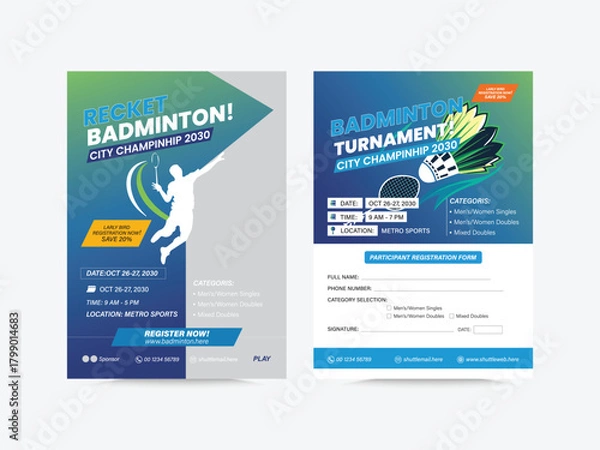 Obraz Badminton tournament poster template and tournament Registration Form,  Badminton championship promo poster realistic template