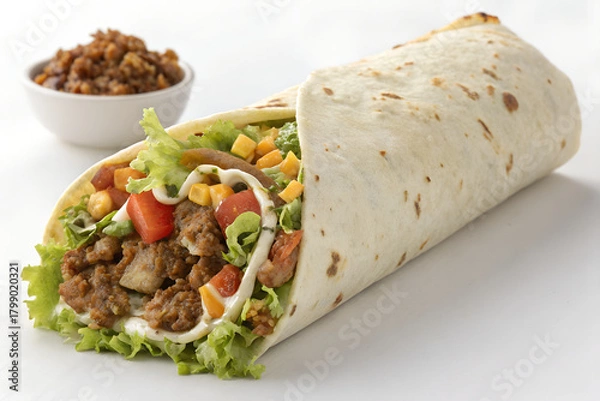Obraz Delicious Beef Burrito with Fresh Vegetables and Rice on Side
