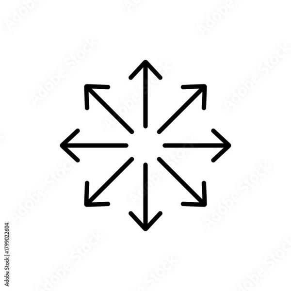 Fototapeta Eight arrows icon radiating outwards from a central point, symbolizing expansion, spread, multiple directions, growth, and versatile movement.
