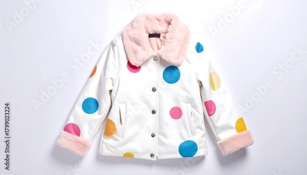 Fototapeta Pastel white jacket with pink fur collar and bright decorative dots