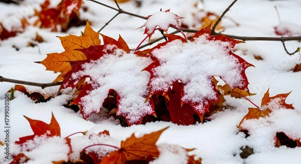 Fototapeta Autumn Maple Leaves Covered with Fresh Snow