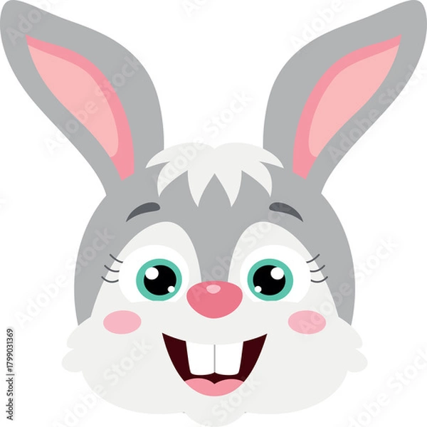Fototapeta Happy Grey Bunny Rabbit Cartoon Close Up Portrait With Big Eyes Pink Cheeks and Open Mouth Isolated on Transparent Background
